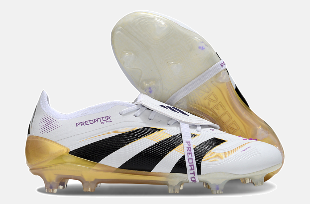 Chuteira Adidas Predator Elite Fold-Over Tongue FG - Branca, Dourada e Preta