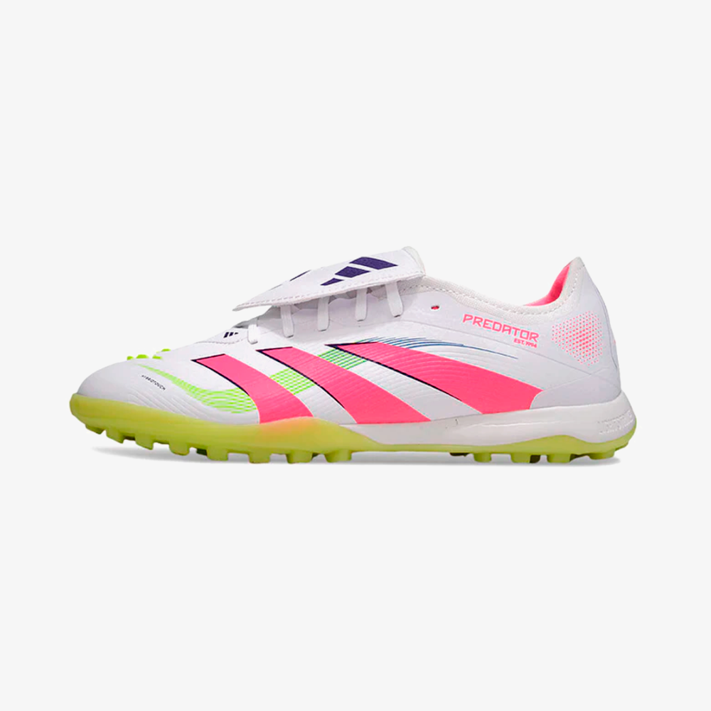 Chuteira Society Adidas Predator Elite Fold-Over Tongue TF - Branca, Rosa e Verde