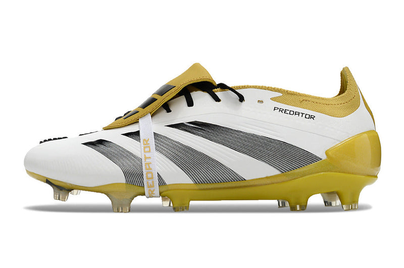 Chuteira Adidas Predator Elite Tongue FG - Branca, Dourada e Preta