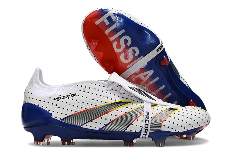 Chuteira Adidas Predator Elite Tongue FG - Branca, Azul e Cinza