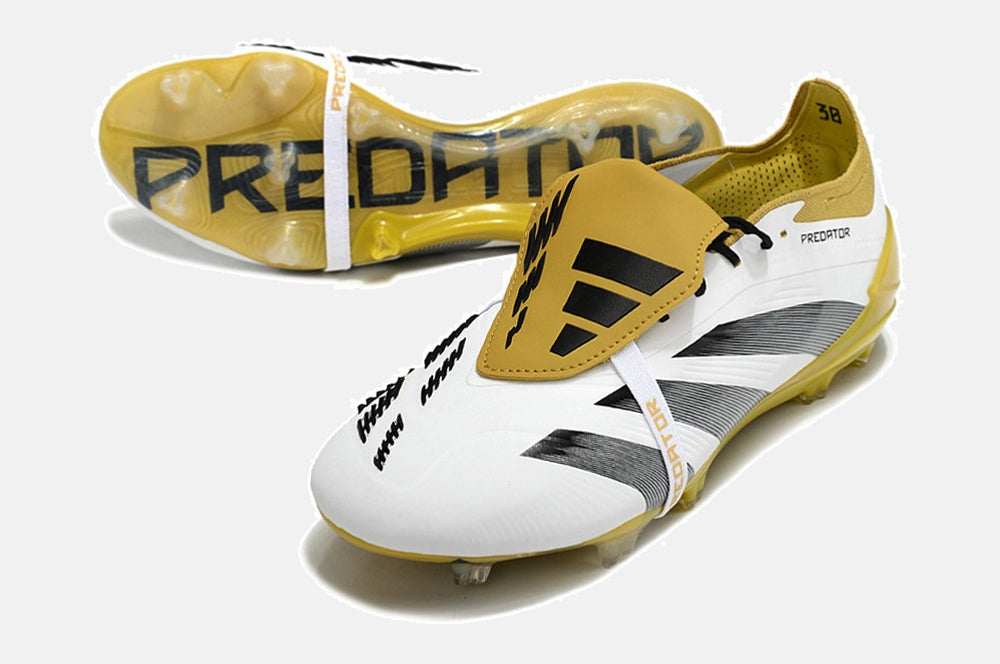 Chuteira Adidas Predator Elite Tongue FG - Branca, Dourada e Preta