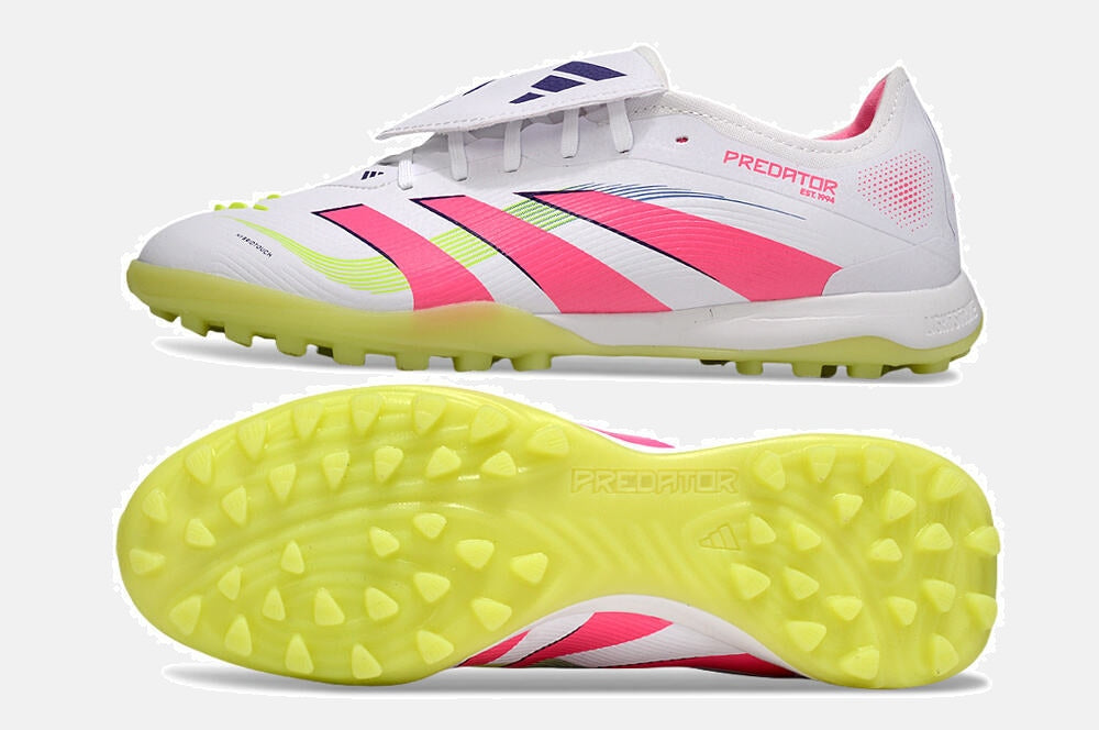 Chuteira Society Adidas Predator Elite Fold-Over Tongue TF - Branca, Rosa e Verde