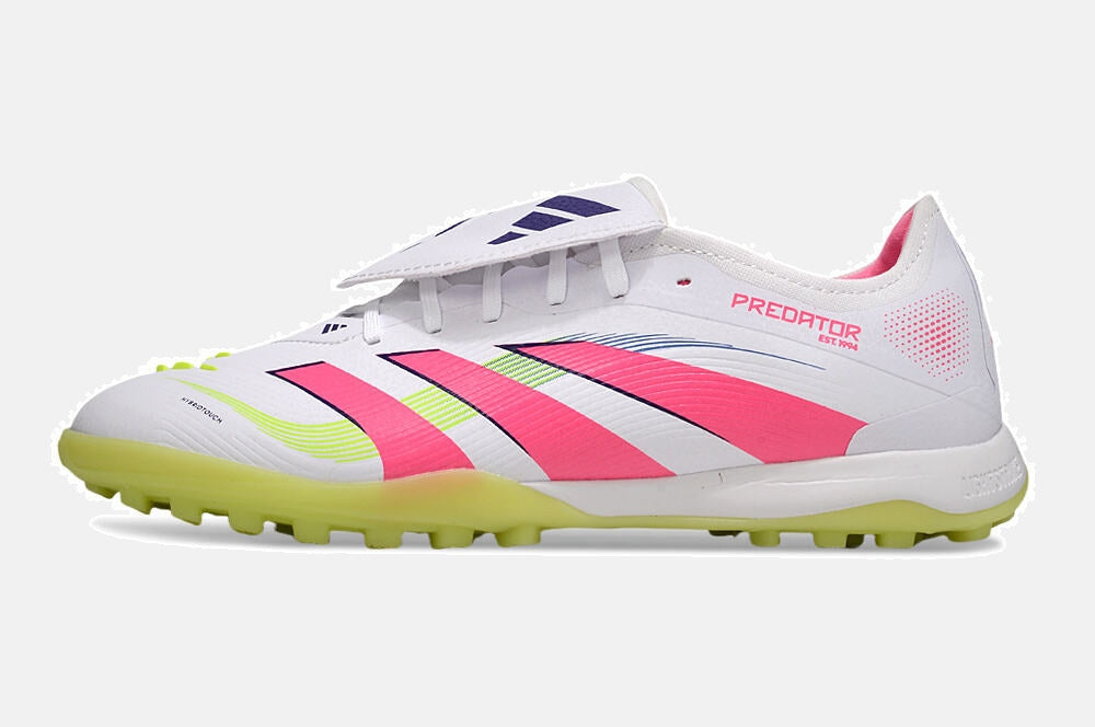Chuteira Society Adidas Predator Elite Fold-Over Tongue TF - Branca, Rosa e Verde