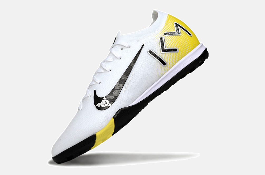 Chuteira Society Nike Air Zoom Mercurial Vapor 16 Kylian Mbappe Elite TF - Branca, Amarela e Preta - MAGNUM SPORT*