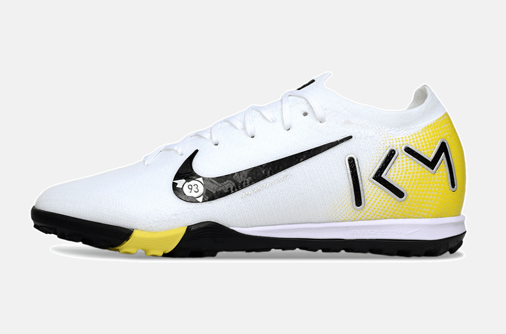 Chuteira Society Nike Air Zoom Mercurial Vapor 16 Kylian Mbappe Elite TF - Branca, Amarela e Preta - MAGNUM SPORT*