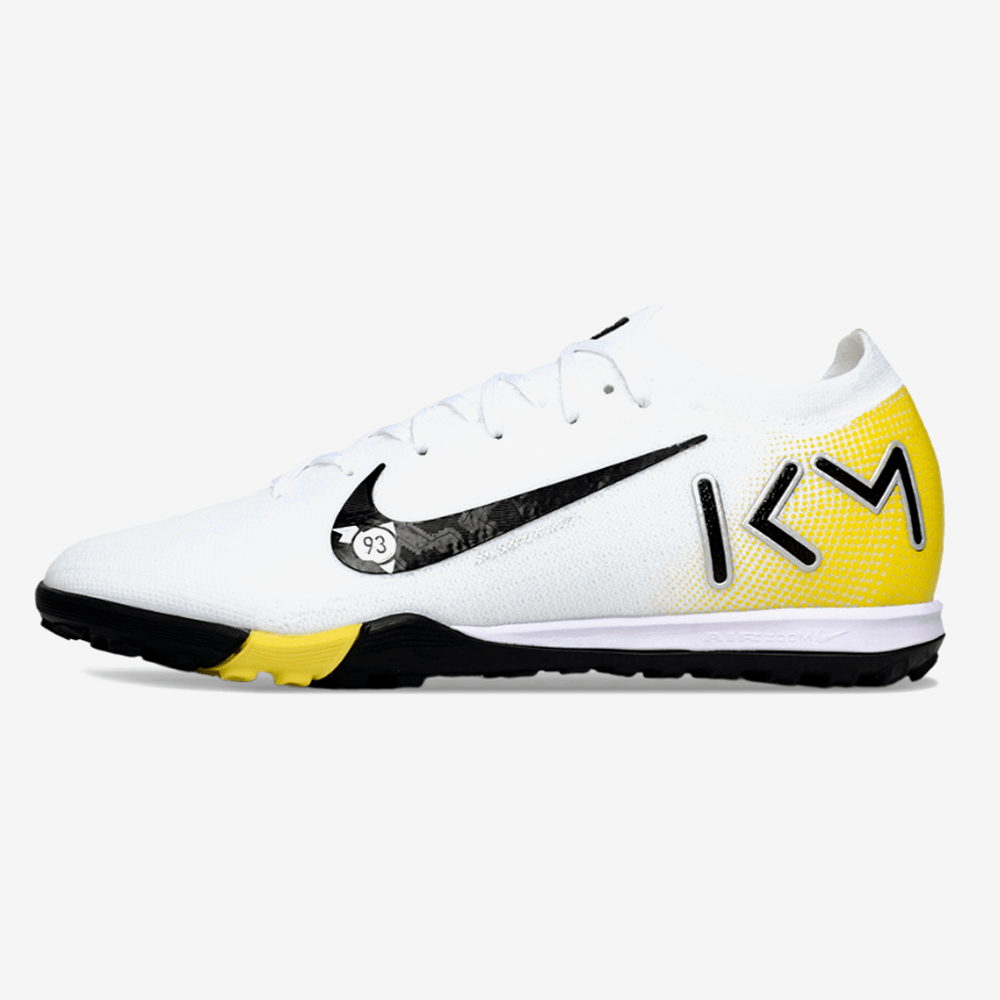 Chuteira Society Nike Air Zoom Mercurial Vapor 16 Kylian Mbappe Elite TF - Branca, Amarela e Preta - MAGNUM SPORT*