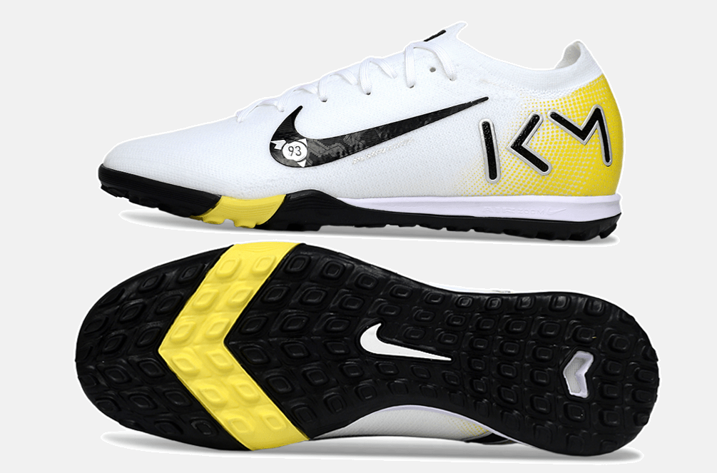 Chuteira Society Nike Air Zoom Mercurial Vapor 16 Kylian Mbappe Elite TF - Branca, Amarela e Preta - MAGNUM SPORT*