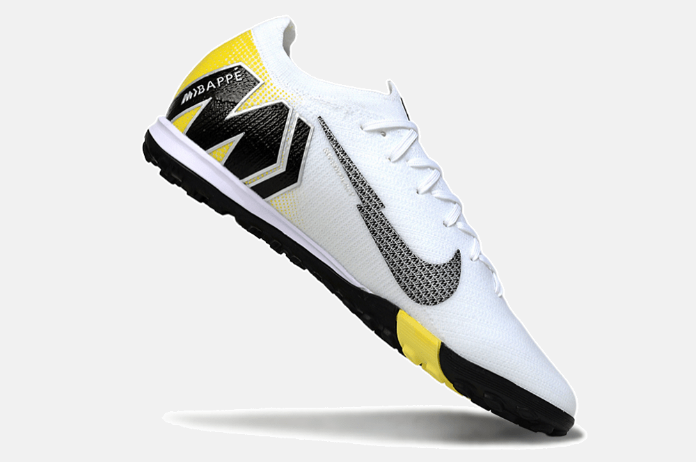Chuteira Society Nike Air Zoom Mercurial Vapor 16 Kylian Mbappe Elite TF - Branca, Amarela e Preta - MAGNUM SPORT*