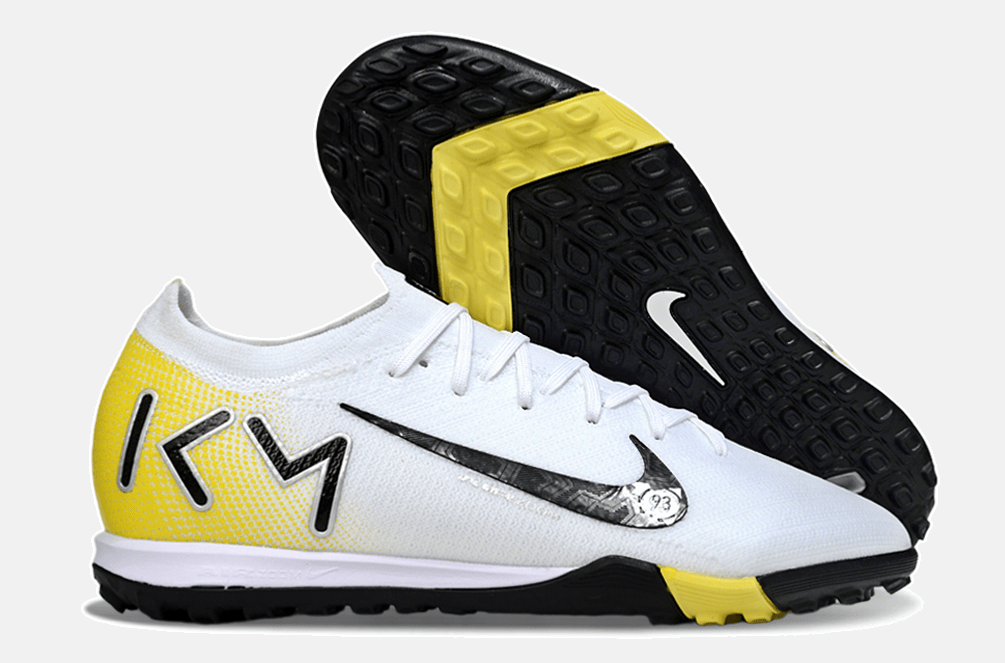 Chuteira Society Nike Air Zoom Mercurial Vapor 16 Kylian Mbappe Elite TF - Branca, Amarela e Preta - MAGNUM SPORT*