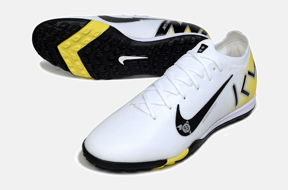 Chuteira Society Nike Air Zoom Mercurial Vapor 16 Kylian Mbappe Elite TF - Branca, Amarela e Preta - MAGNUM SPORT*