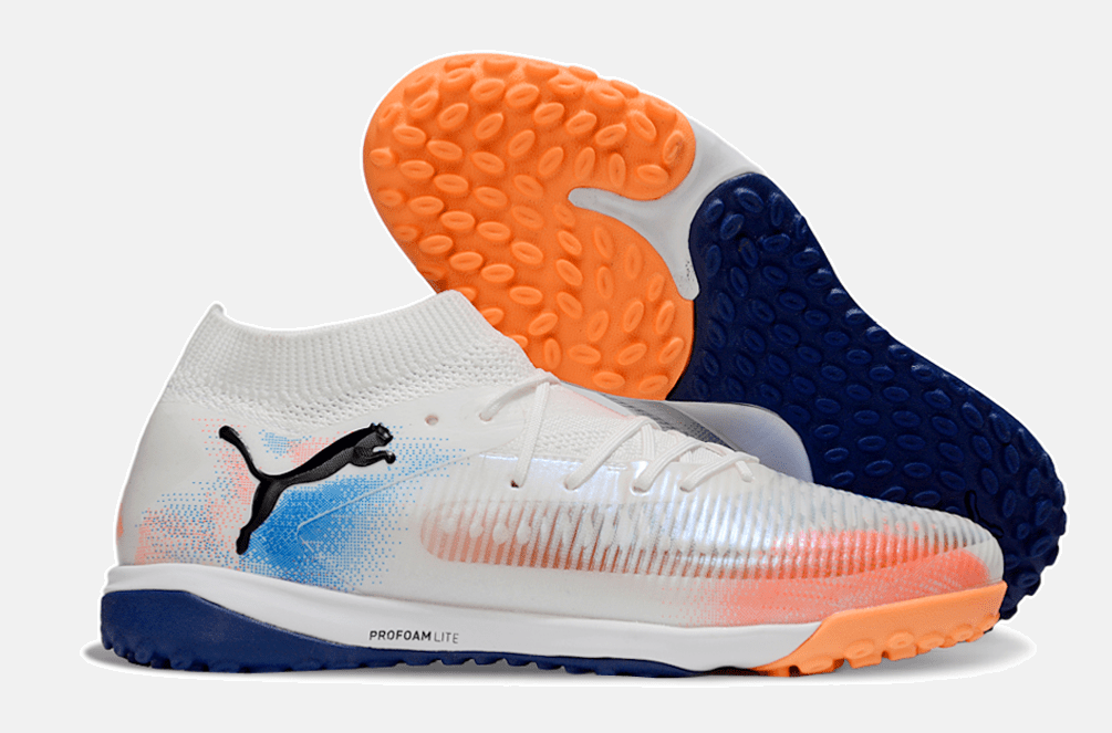 Chuteira Society Puma Future 8 TF - Branca, Azul e Laranja - Untamed Pack - MAGNUM SPORT*