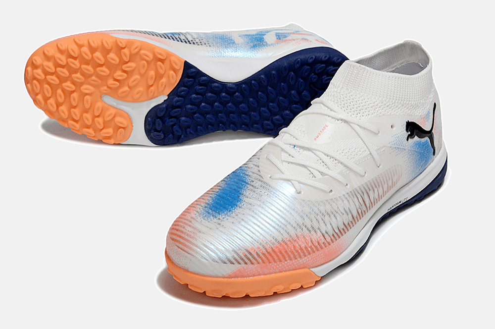 Chuteira Society Puma Future 8 TF - Branca, Azul e Laranja - Untamed Pack - MAGNUM SPORT*