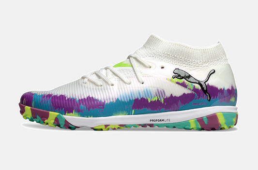Chuteira Society Puma Future 8 TF - Branca, Roxa e Verde - Brilliance Pack