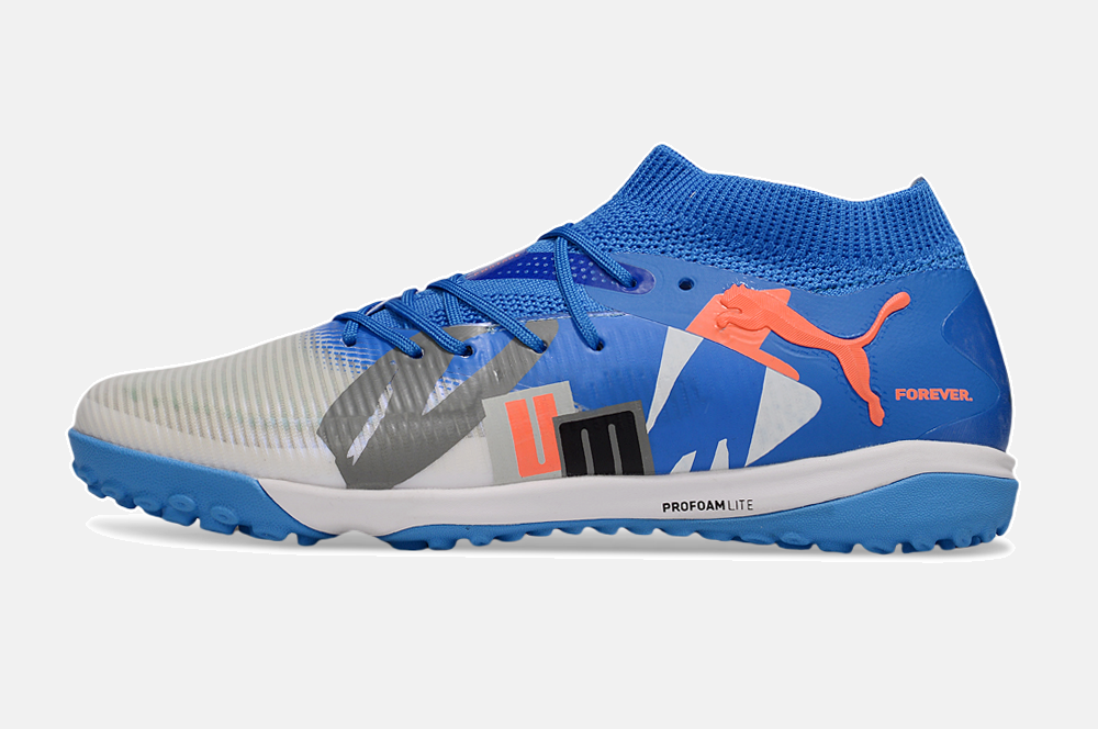 Chuteira Society Puma Future 8 TF - Cinza, Azul e Laranja - Forever Pack
