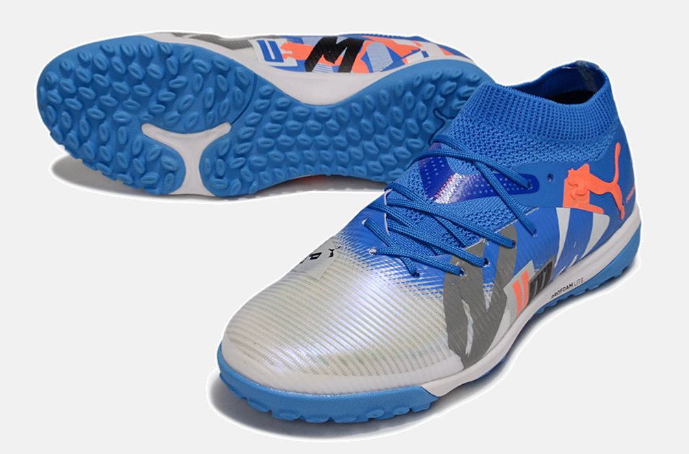 Chuteira Society Puma Future 8 TF - Cinza, Azul e Laranja - Forever Pack
