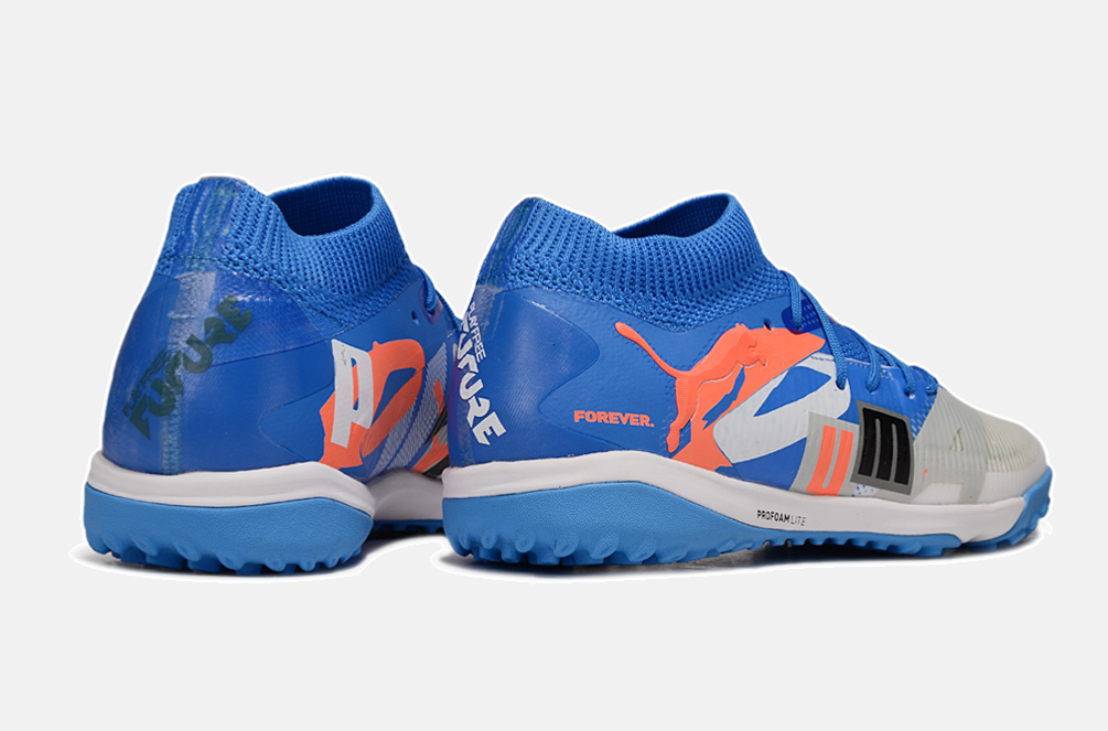 Chuteira Society Puma Future 8 TF - Cinza, Azul e Laranja - Forever Pack