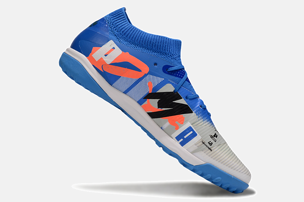 Chuteira Society Puma Future 8 TF - Cinza, Azul e Laranja - Forever Pack