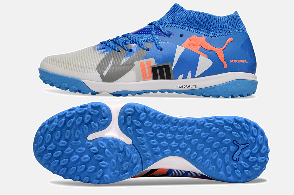 Chuteira Society Puma Future 8 TF - Cinza, Azul e Laranja - Forever Pack