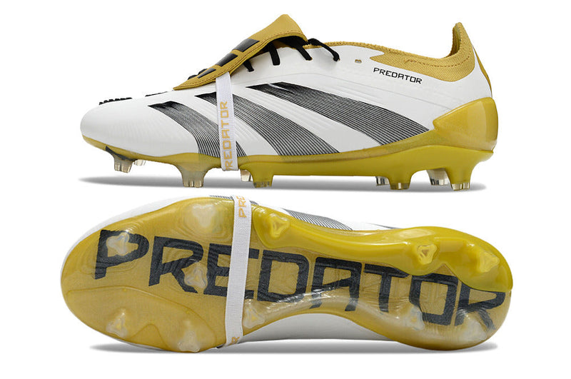 Chuteira Adidas Predator Elite Tongue FG - Branca, Dourada e Preta