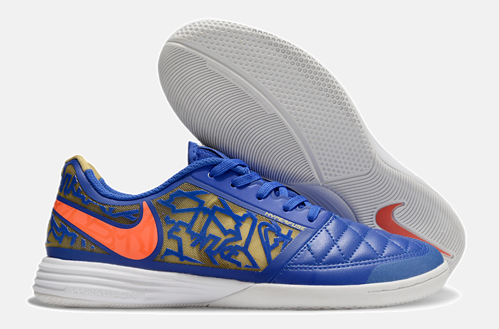 Tênis Futsal Nike Lunar Gato IC - Azul, laranja e Dourada
